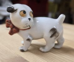 Figurine Chien Porcelaine Vintage avec Nœud Rouge