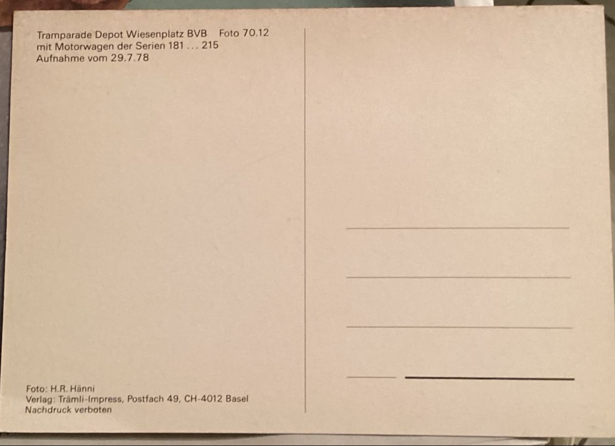 Cartoline postali: Basel, Tramdepot Wiesenpl. BVB 1978   0 – Usato da Reinach BL venduto da Linda013 1
