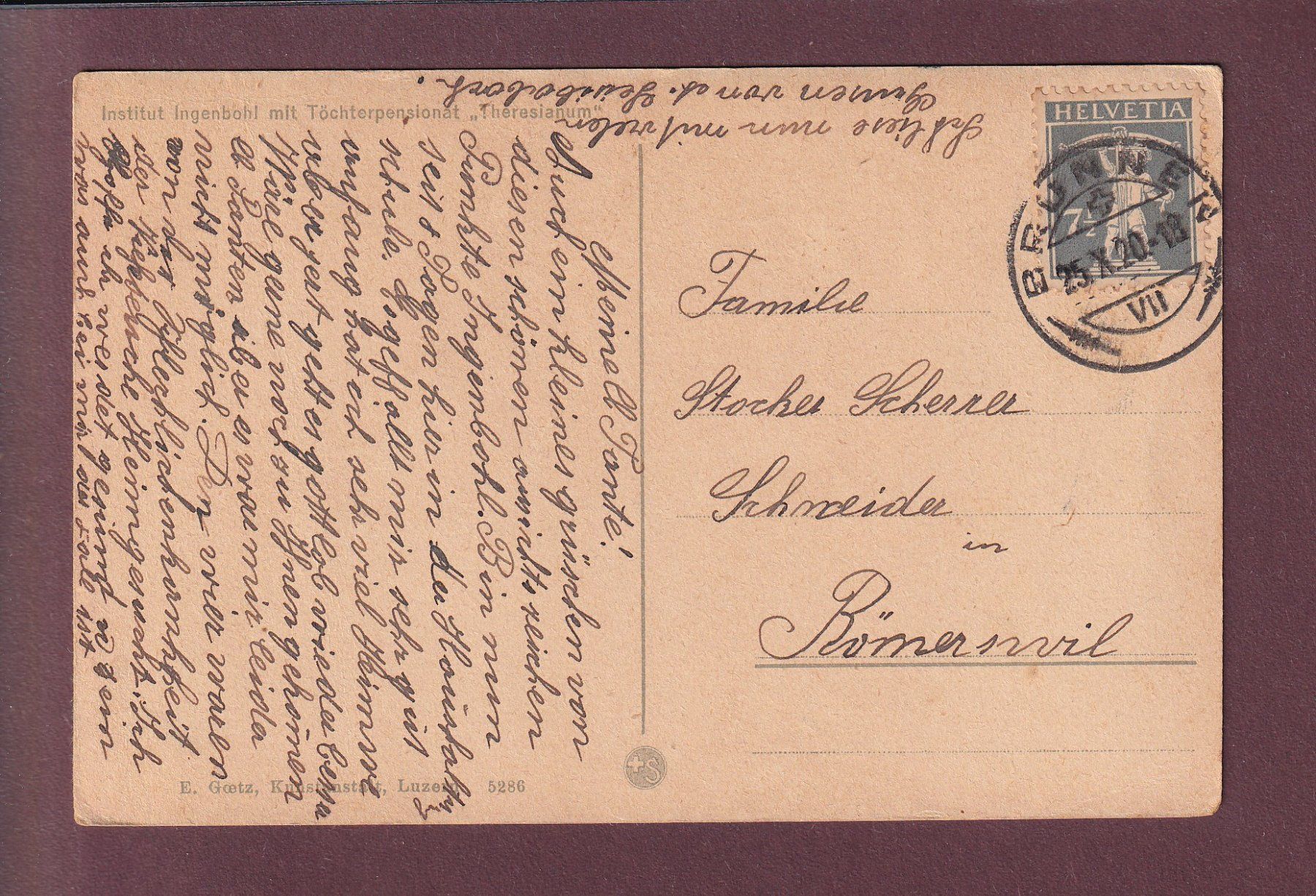 Cartoline postali: INGENBOHL Institut - Theresianum - 1920 – Usato da Pully venduto da nicecards 1