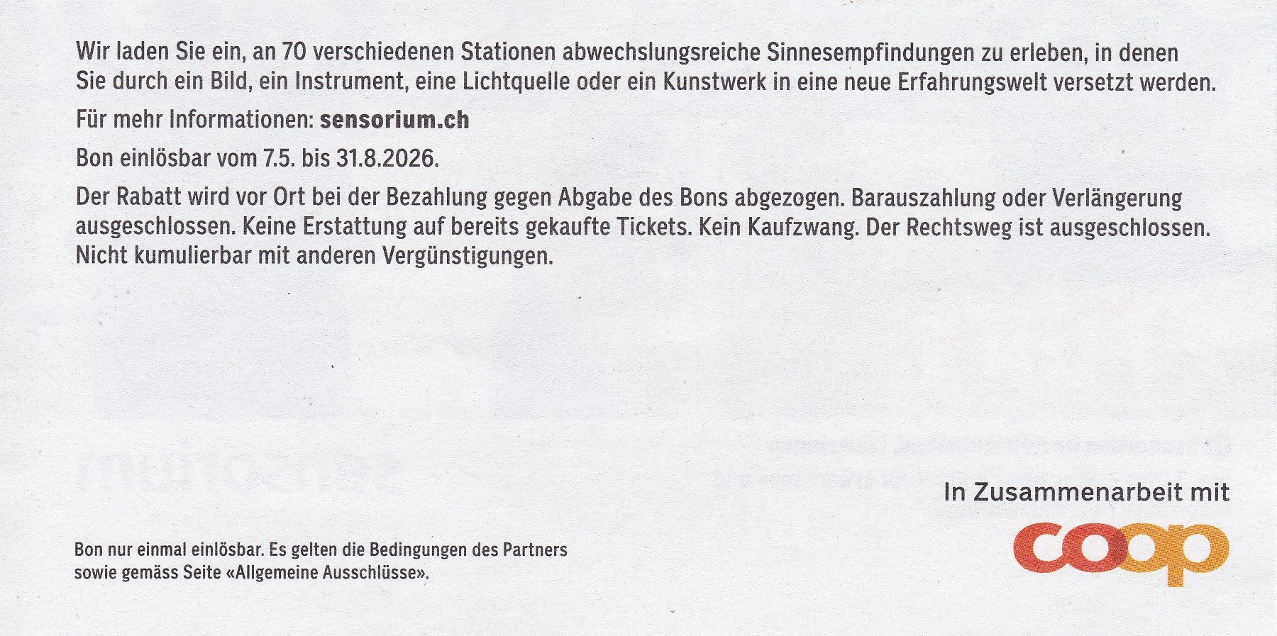 Buoni: Bon Sensorium 2 für 1 Tickets – Nuovo (secondo la descrizione) da Schliern b. Köniz venduto da joni20 1