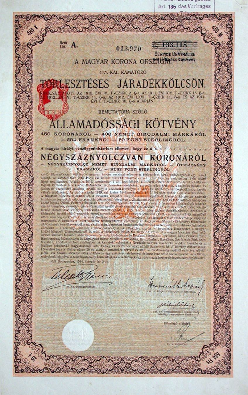 Dokumente: 4,5% Königreich Ungarn, Budapest - 1914 – Gebraucht aus Solothurn von Sgasche