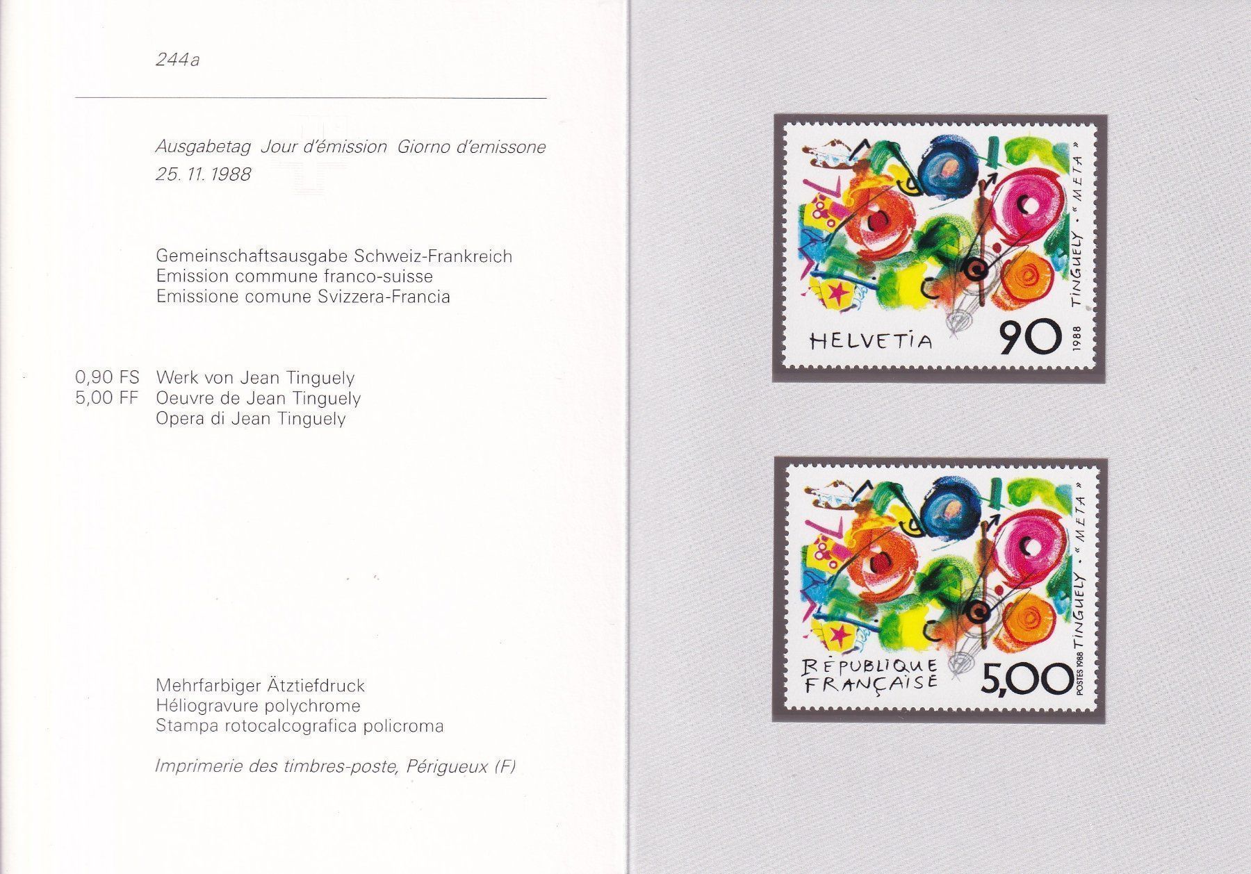 Tutti i francobolli: CH, folder PTT emissione comune CH/FR 1988 – Nuovo (secondo la descrizione) da Castione venduto da Rx-stamps