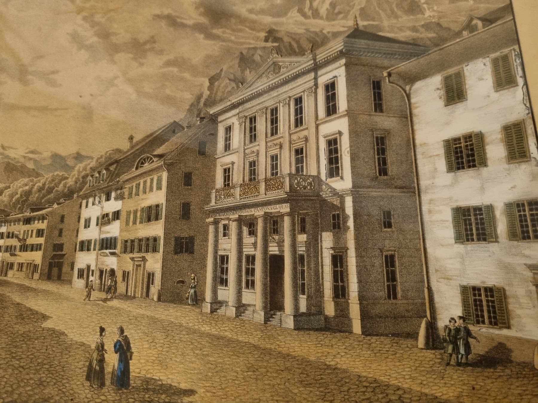 Grafica & Litografie: Alte Lithographie Regierungsgebaeude Glarus, gerahmt – Usato da Trachslau venduto da post35 4
