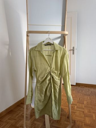 Zara light lime green ruched mini shirt dress, size S