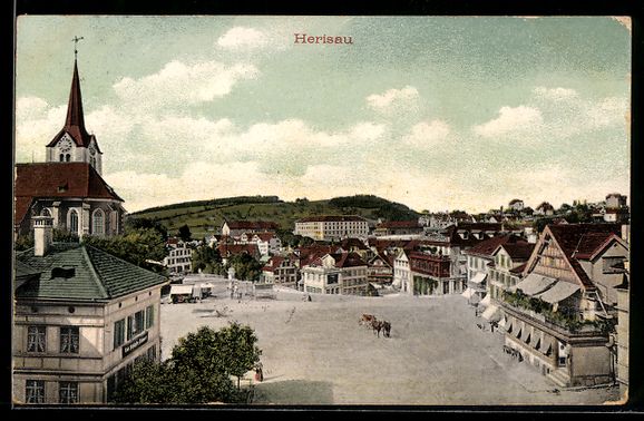 Cartoline postali: AK Herisau, Marktplatz mit Kirche, 1909 – Usato da Berlin venduto da bartko-reher