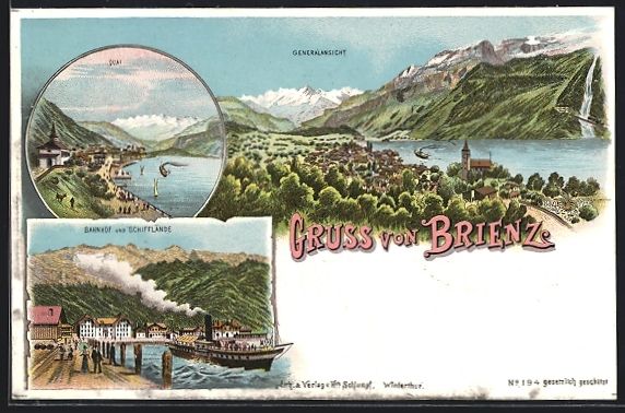 Ansichtskarten: Litho Brienz, Bahnhof und Schifflände,  – Gebraucht aus Berlin von bartko-reher