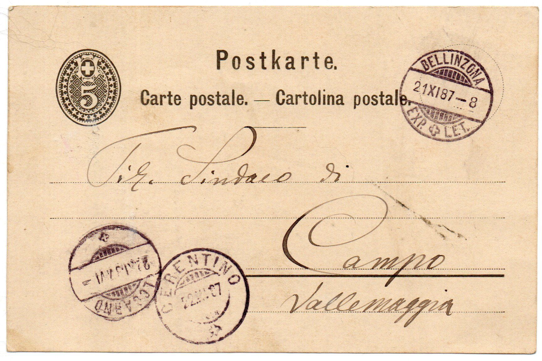 Tutti i francobolli: 1887 Bellinzona per Campo Vallemaggia – Usato da Melano venduto da pisonsdro