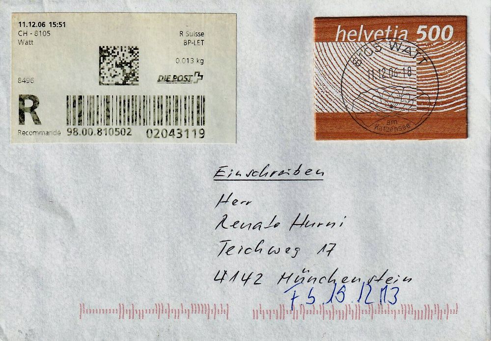 R-Brief mit Holzbriefmarke (Gebraucht) in Arlesheim für CHF 2 – mit ...