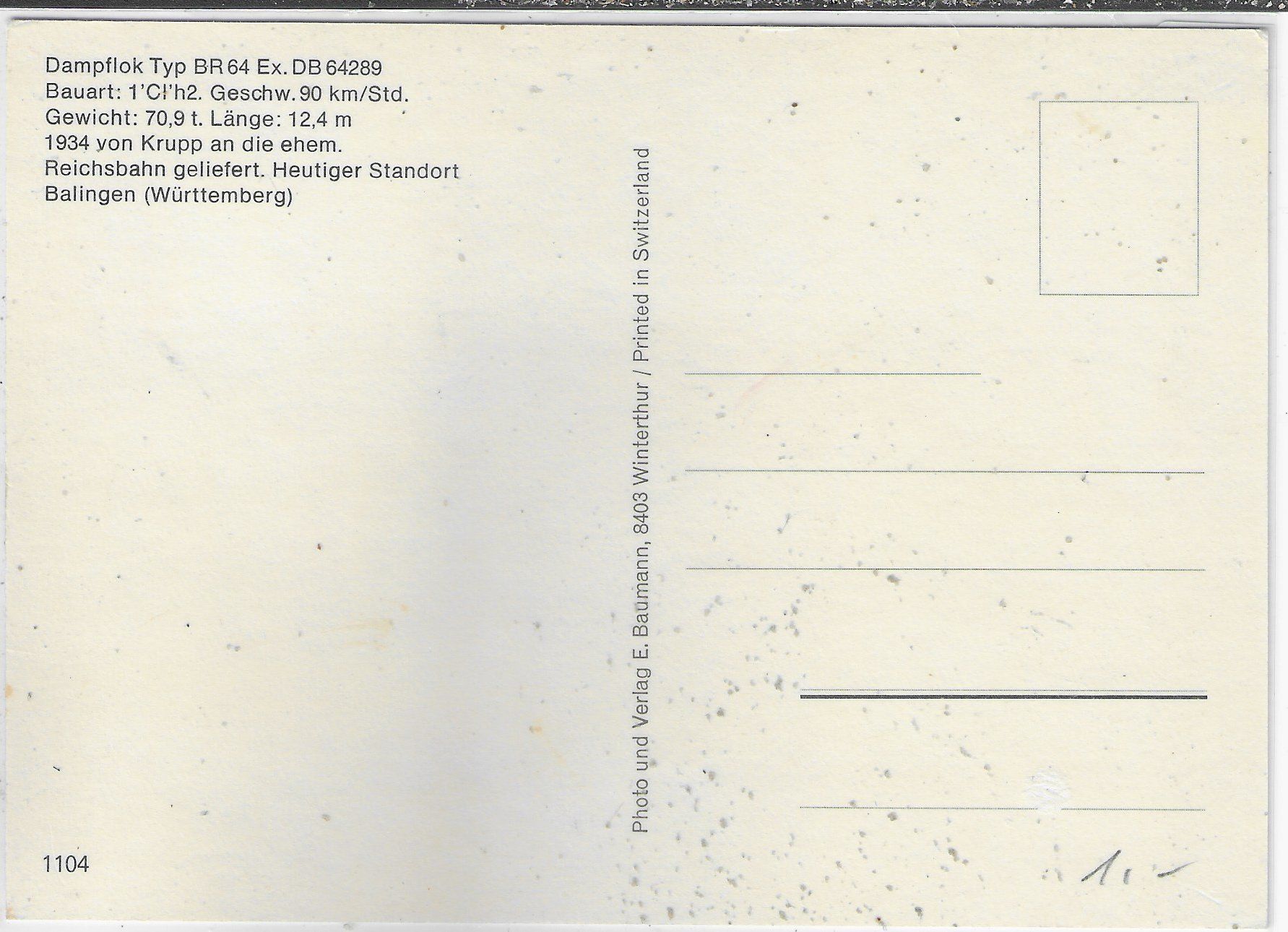 Cartoline postali: Dampflok Typ BR64 Ex. DB 64289 - Balingen – Usato da Ettingen venduto da Kartenplanet 1