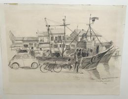 Rarität Bleistiftzeichnung Hafen mit Fischerboot, signiert