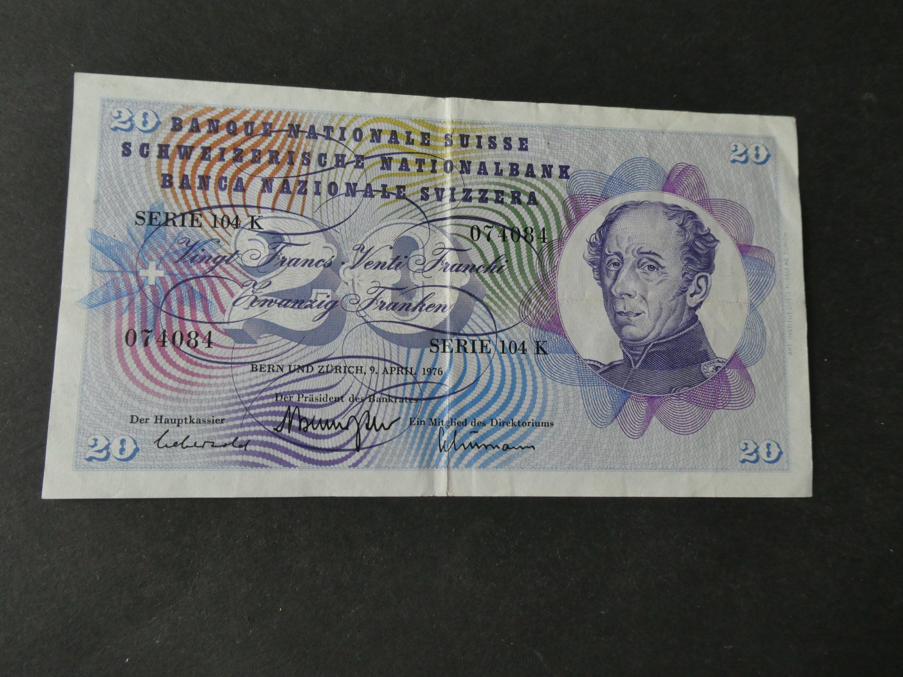 Banknoten: Schweiz 1976,  20 Franken – Gebraucht aus Hinterforst von rohusri
