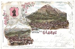 Gruss aus Glarus  Wappen mit Hl. Fridolin  uralte Litho 1899