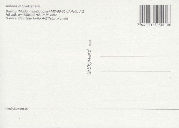 Cartoline postali: McDonnell-Douglas MD-90-30, Hello AG – Usato da Zuerich venduto da OceanLinerPostcards 1