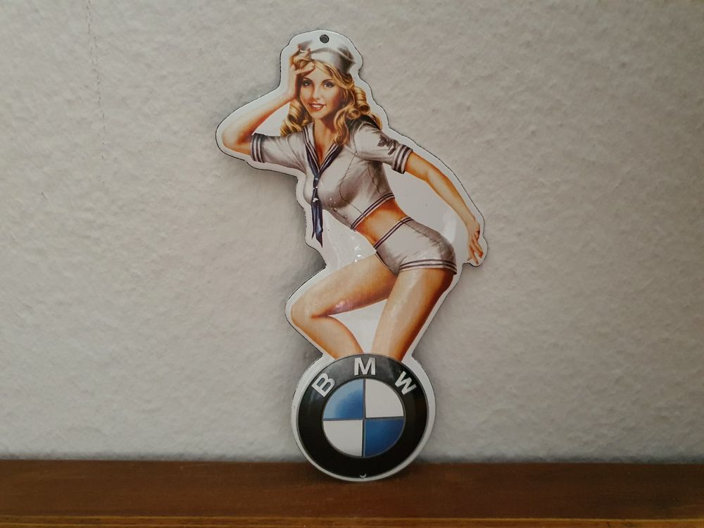 Emailschild BMW Automobil Pin Up Girl Emaille Schild Reklame 1