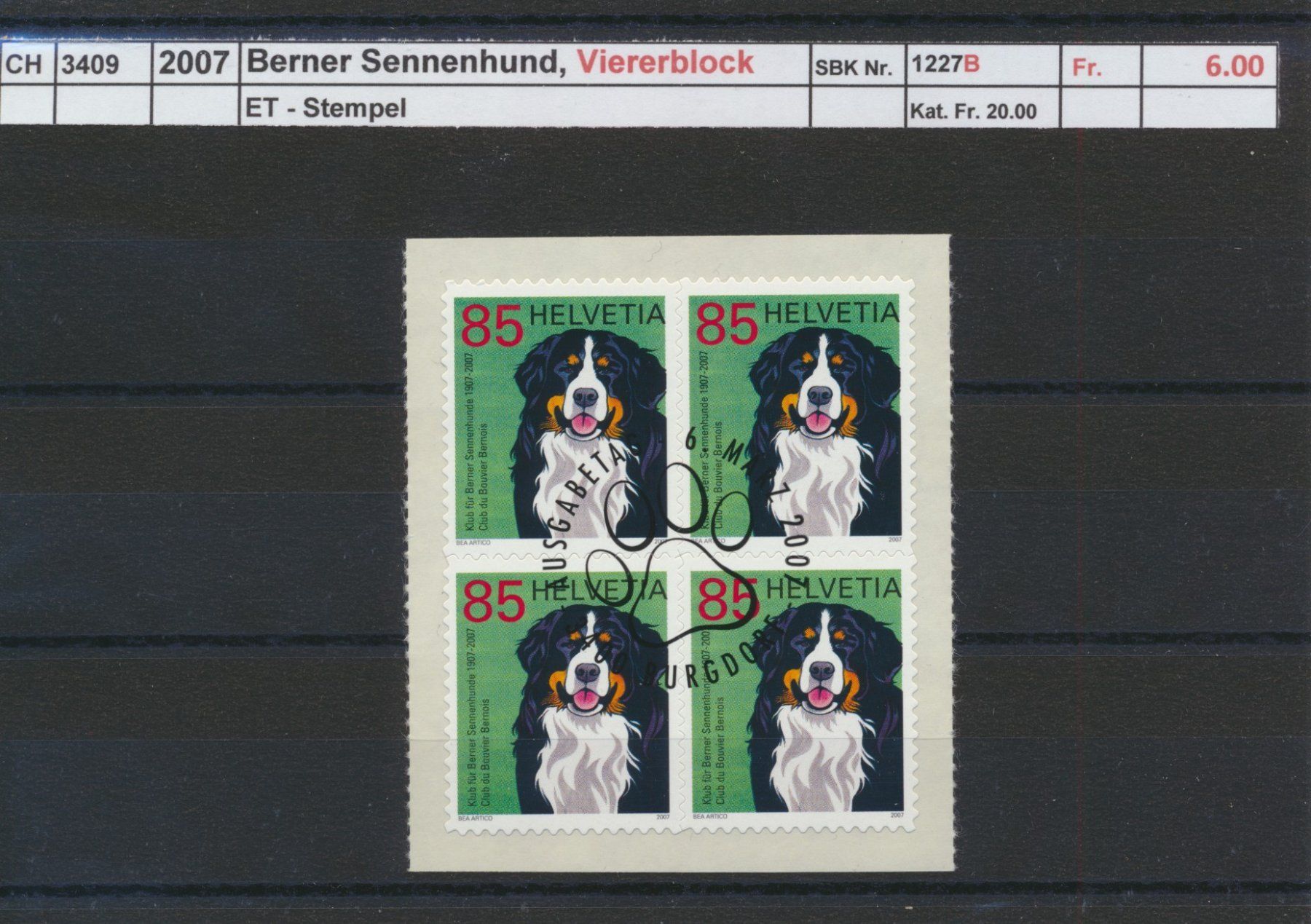 Alle Briefmarken: 2007 "Berner Sennenhund" - Viererblock, ET - Stempel – Gebraucht aus Winterthur von Zupogeru