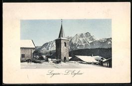 Leysin, Ortspartie mit Kirche im Schnee,