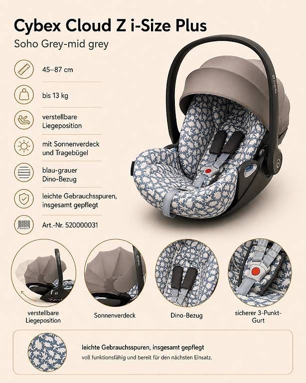 Auto-Kindersitze: Cybex Cloud Z i-Size Plus Babyschale mit Dino-Bezug – Gebraucht aus Grüningen von Reloop1