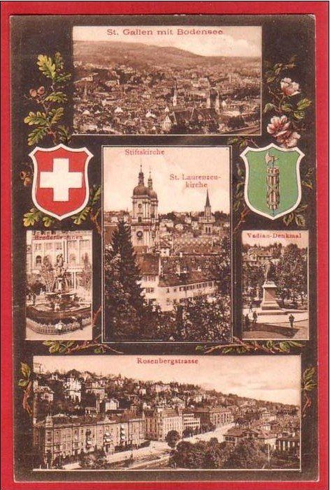 Cartoline postali: ST. GALLEN ROSENBERGSTRASSE, WAPPEN, 1909 – Usato da Grüningen venduto da Kartenlaube
