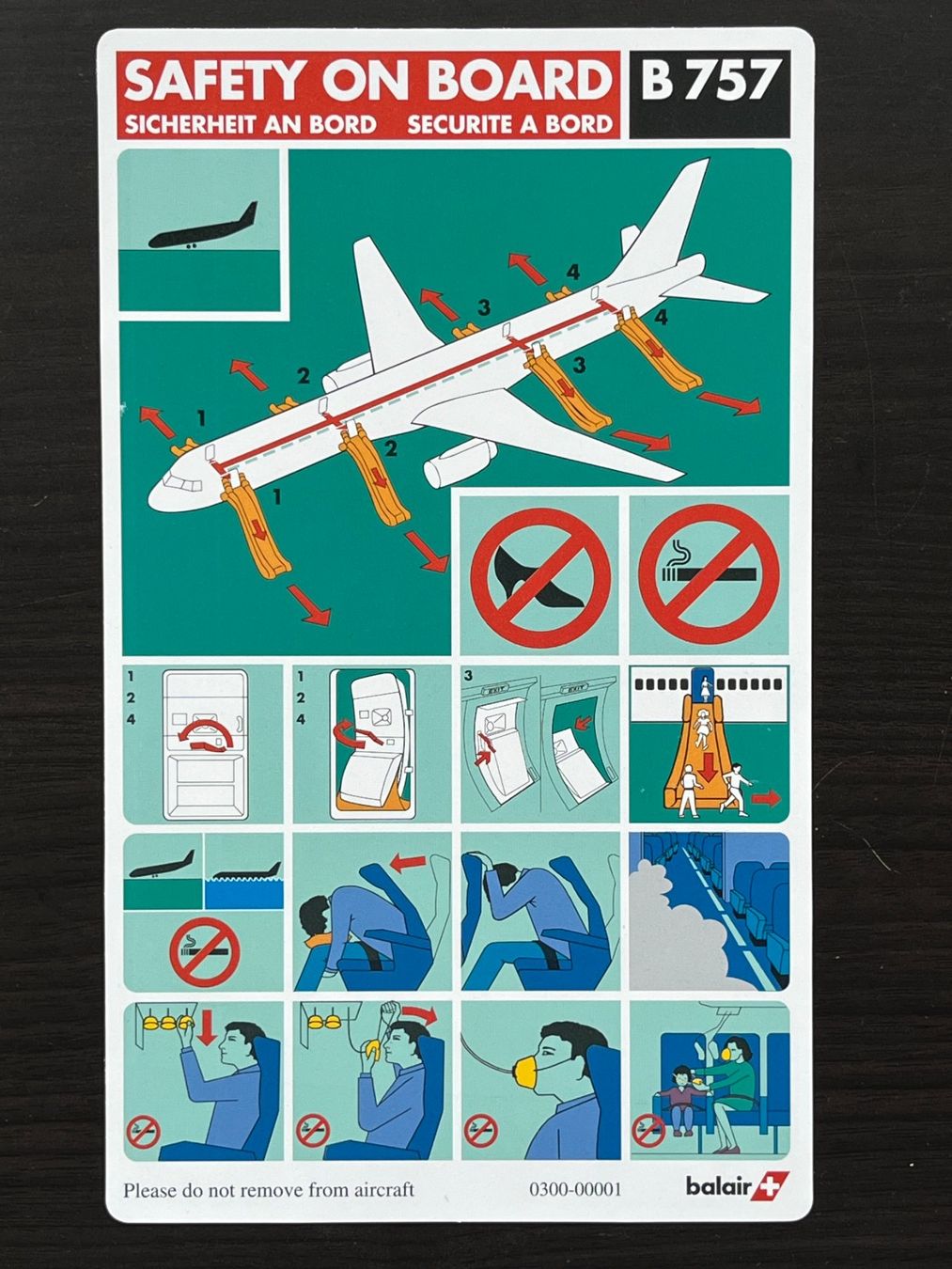 Swissair Documenti: BALAIR Boeing B 757 Safety Card – Usato da Lausen venduto da Runway28