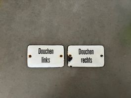 Alte Emailschilder Douchen links, Douchen rechts
