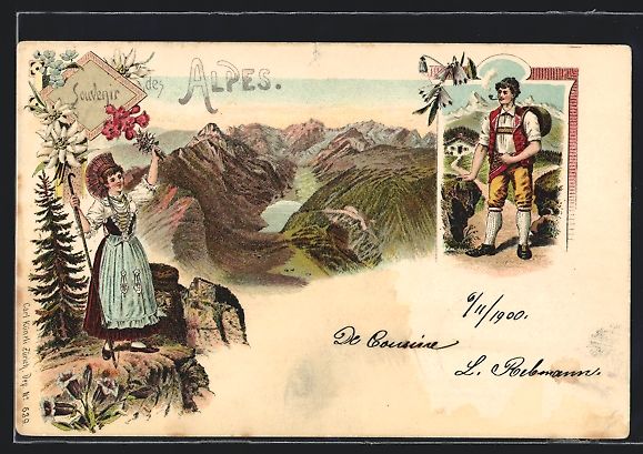 Ansichtskarten: Litho Dame und Wanderer in schweizer Tra – Gebraucht aus Berlin von bartko-reher