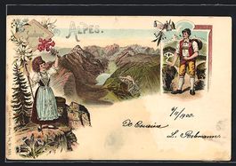 Litho Dame und Wanderer in schweizer Tra
