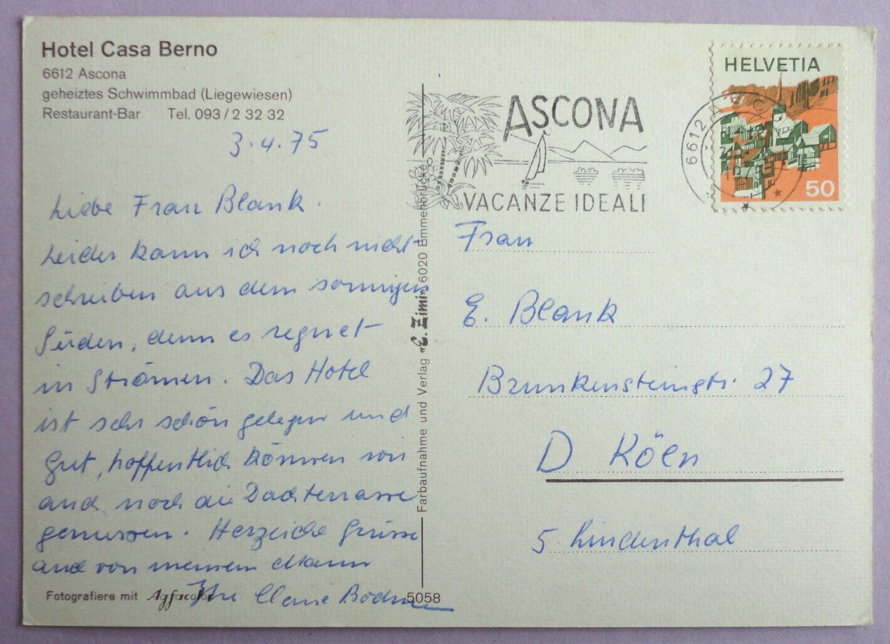 Cartes postales: Hotel Casa Berno, Ascona – D'occasion à Fétigny par Billy2miny 1