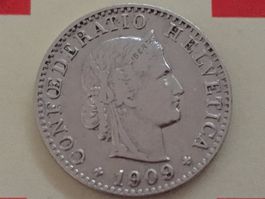 20 Rappen 1909 Ni, -vz, nur 2,0 Mio!