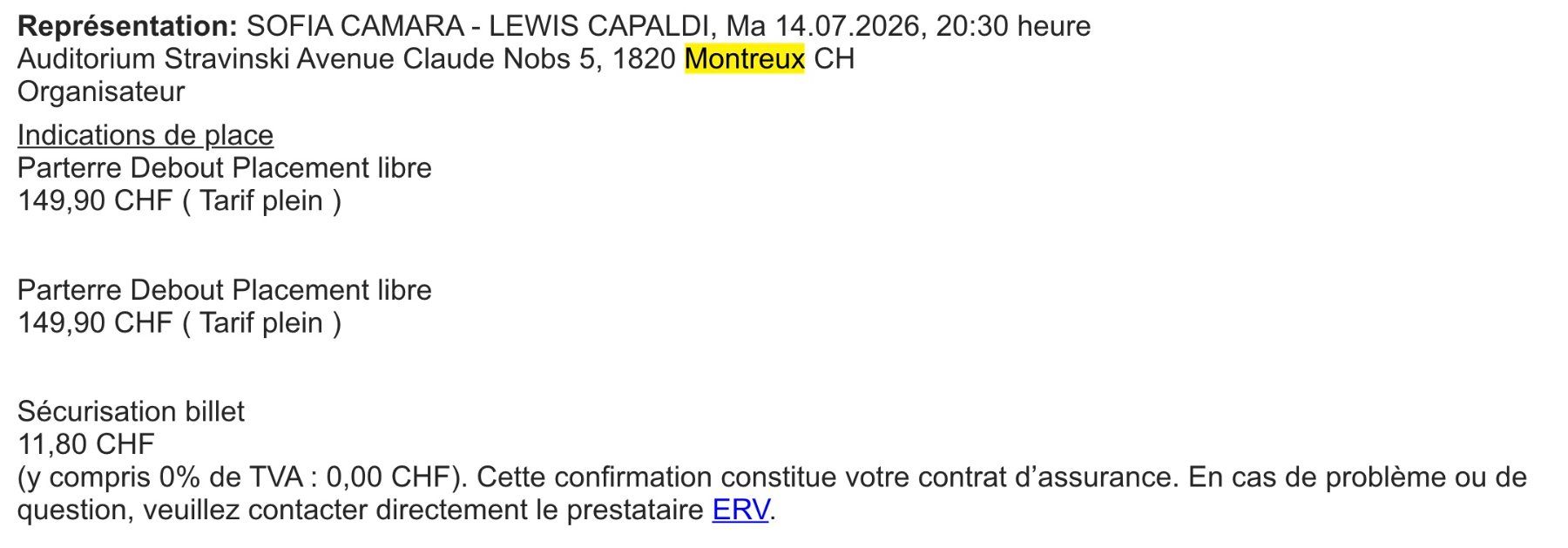 Biglietti: 2X SOFIA CAMARA, LEWIS CAPALDI, MONTREUX JAZZ 2026 – Nuovo (secondo la descrizione) da Sion venduto da sourdarmstadtium 1