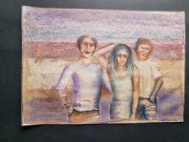JUGENDLICHE AQUARELL MISCHTECHNIK UNLESERLICH SINIERT
