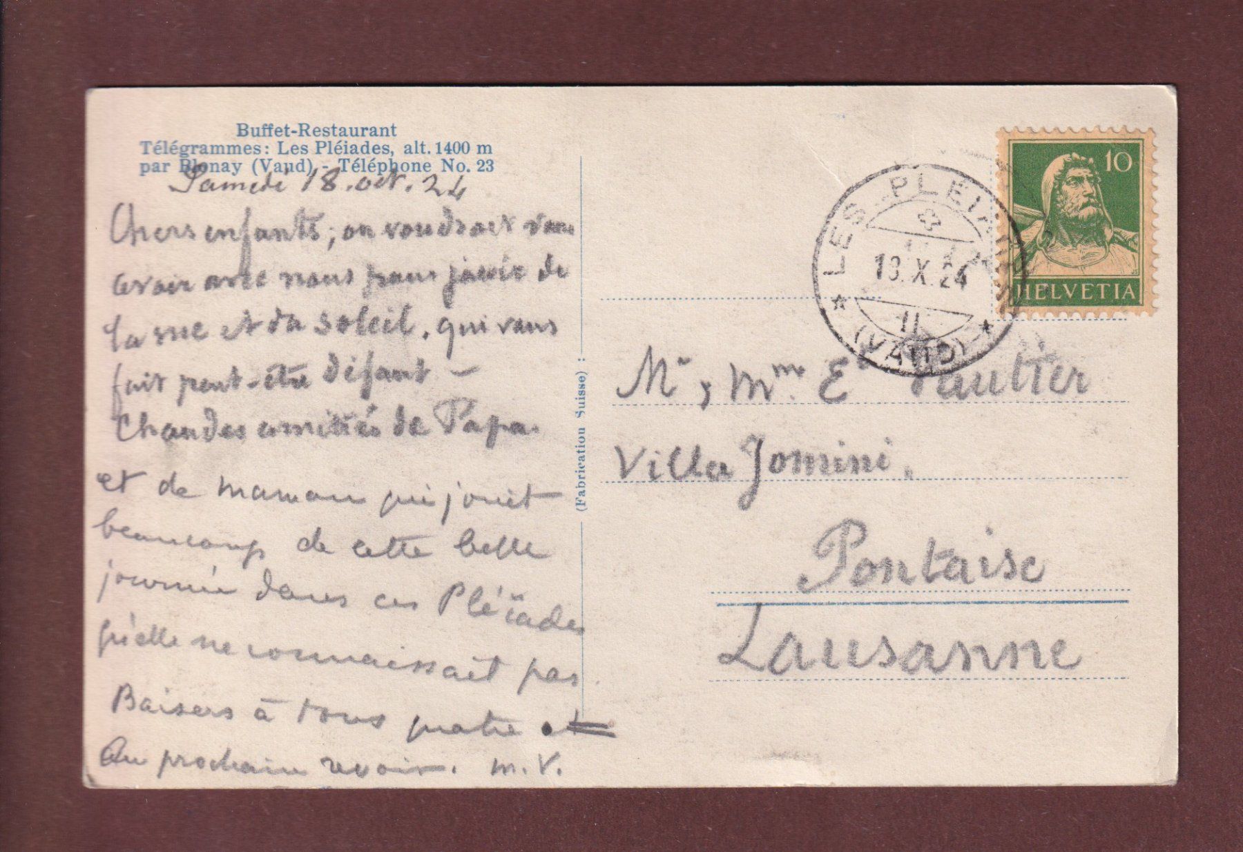 Cartoline postali: LES PLEIADES - 1924 – Usato da Pully venduto da nicecards-shop 1