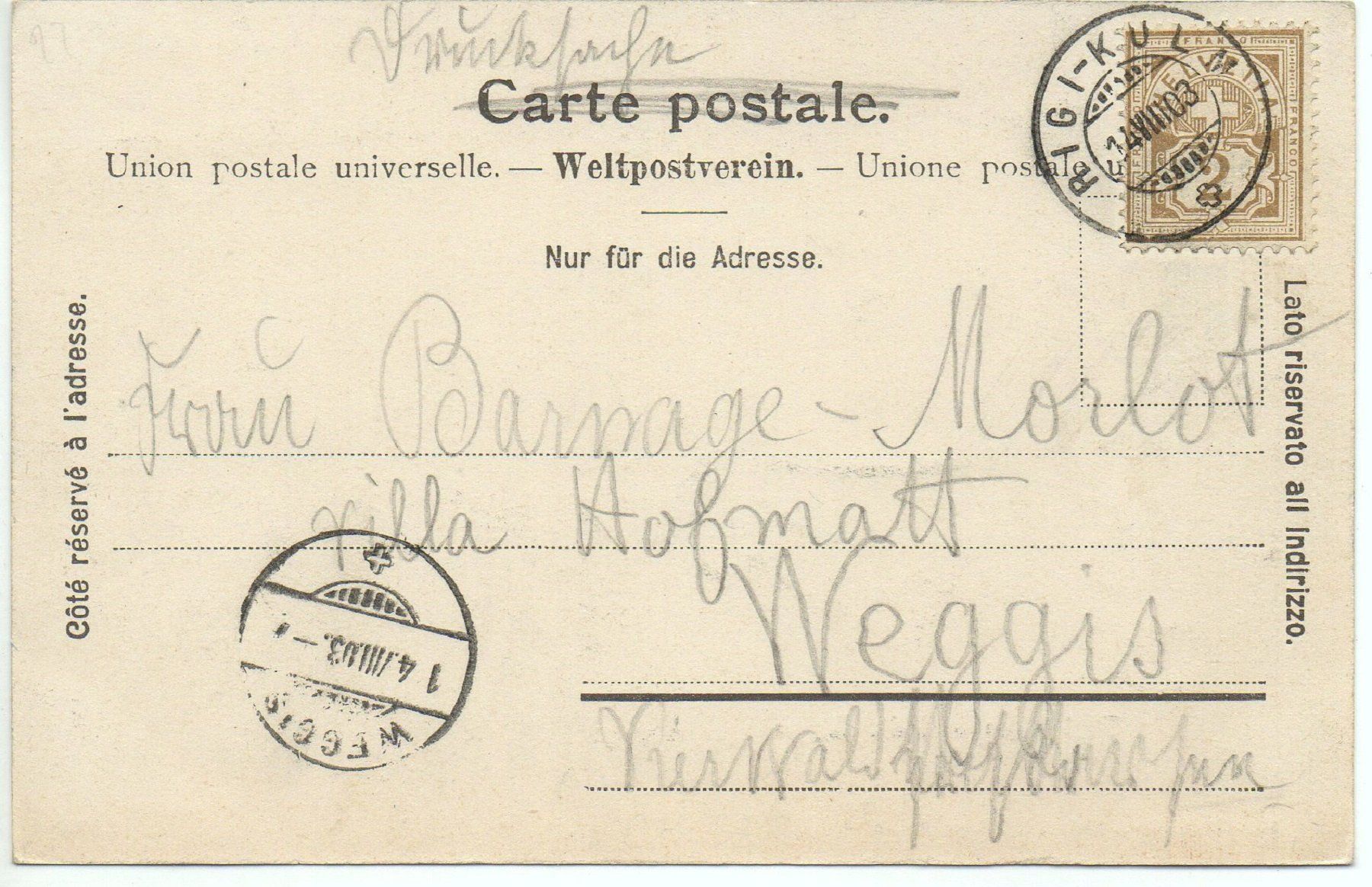 Cartoline postali: RIGI-KULM und die Alpen 1903 – Usato da Jona venduto da philajona 1