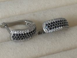 Luxus Elegante Creolen Schwarz  Zirkonia Farbe Silber