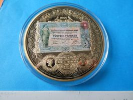 vergoldete Medaille 70 mm PP, 50 Frankennote 1907