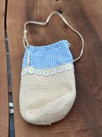 Kinder Handtasche Stroh mit Blumenmuster blau kariert