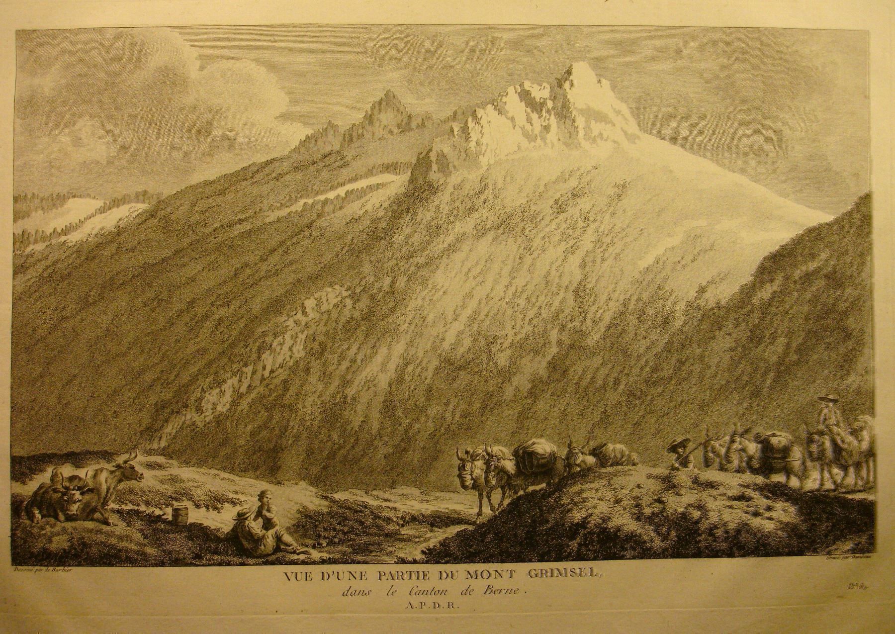 Incisioni: GRIMSEL, KUPFERSTICH 1788, MAULTIERE – Usato da Grüningen venduto da Kartensammler
