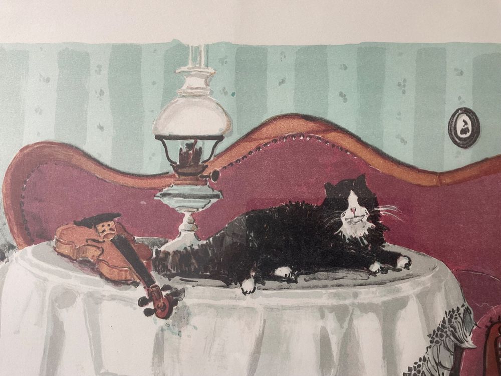 Lithographie von Geo Bretscher 1986. Katze auf Tisch 3