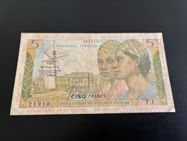 1964 GUADALOUPE French Antilles GUYANA 5 Francs P-7 Vintage 