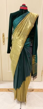 Saree di seta Kanchipuram Kanjivaram verde con filo dorato