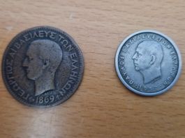 Griechische Münzen, 2 Drachmen 1954 und 10 Lepta 1869