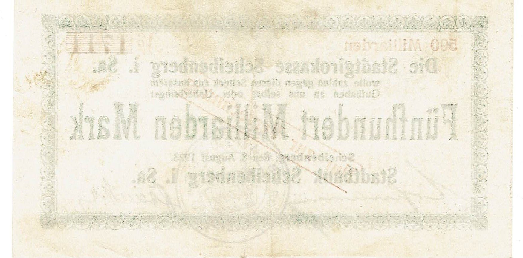 Banconote: Scheibenberg 500 Mrd.Mark+Stempel+2U-Schriften VZ+-VZ++ – Usato da Steffisburg venduto da ber_8htf 1