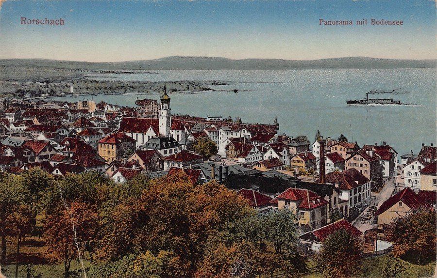 Cartoline postali: Rorschach, Panorama mit Bodensee, gelaufen 1928 – Usato da Frauenfeld venduto da POML