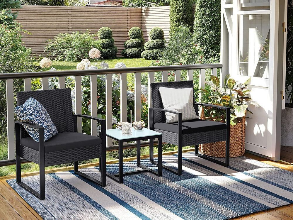 Set di tavolo e panche: Balkonmöbel Set Polyrattan Tisch Stühle Schwarz JUNO – Nuovo e nell'imballaggio originale da Lachen SZ venduto da MAMORU-MOEBEL 1