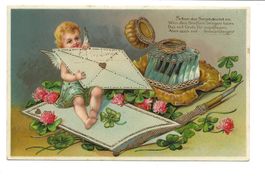 Engel schreibt Liebesbrief Tintenfass Feder Präge-Litho 1911