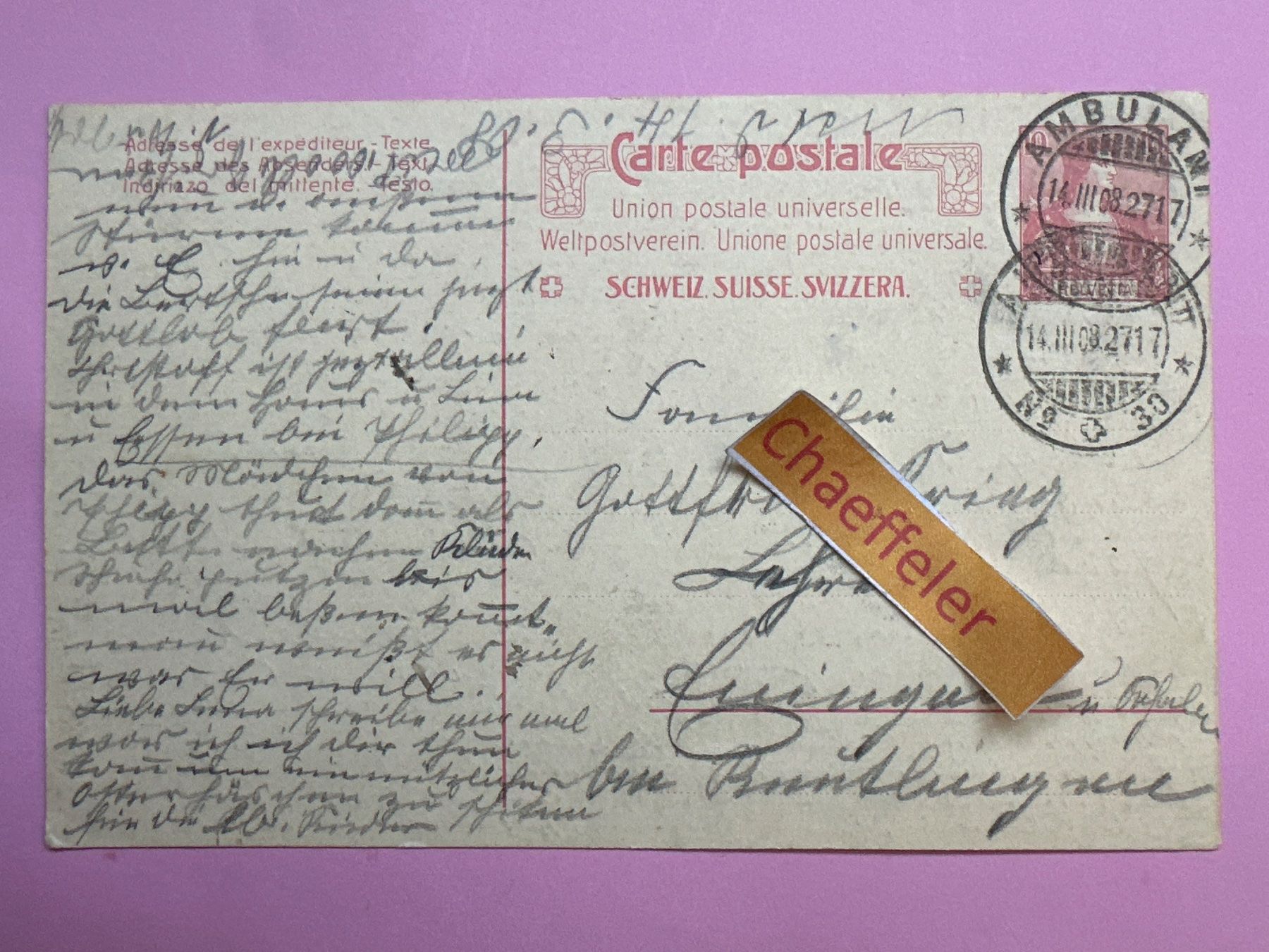 Alle Briefmarken: 1908 Carte postale - Weltpostverein – Gebraucht aus Zürich von Chaeffeler