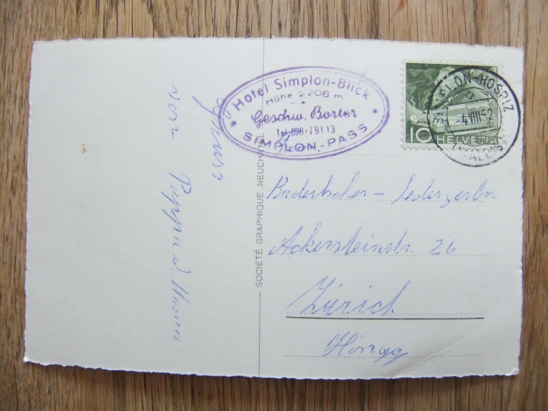 Cartoline postali: Simplon Kulm + Fletschhorn 4.8.1952 – Usato da St. Niklaus VS venduto da wunschlos54 1