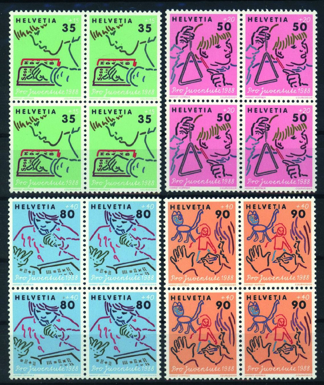 Alle Briefmarken: 1988, Pro Juventute, Viererblöcke ** – Gebraucht aus Willisau von Vollstempel