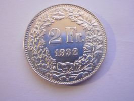 2 Fr. 1932 silber  unz/stgl  seltener Jahrgang