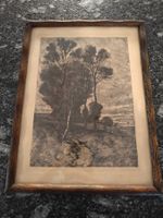 Antike Radierung/Lithographie – Landschaft mit Bäumen 1900