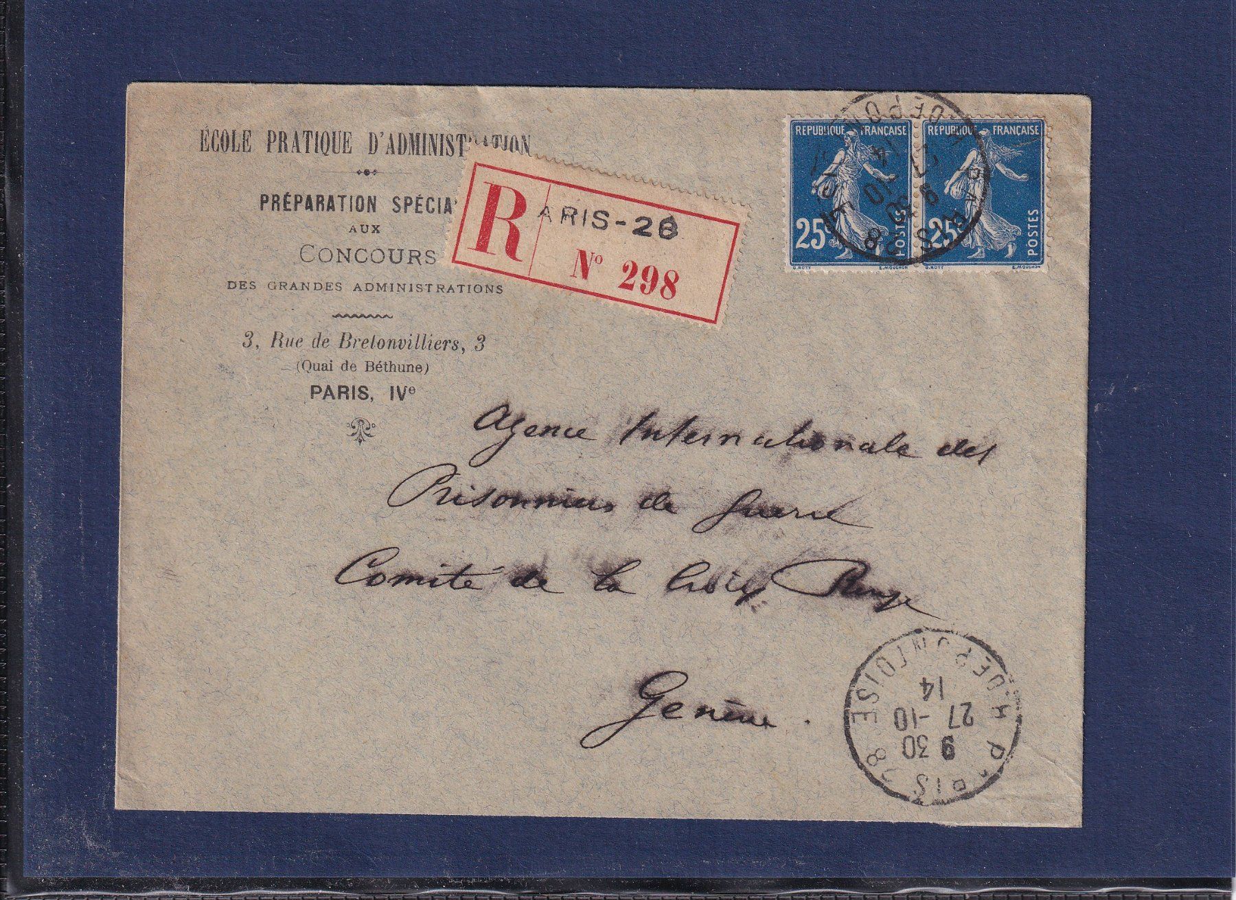 Tous les timbres: Recommandé - Ecole d'administration - Paris - 1914 - Genève – D'occasion à Orvin par Pyaeschli